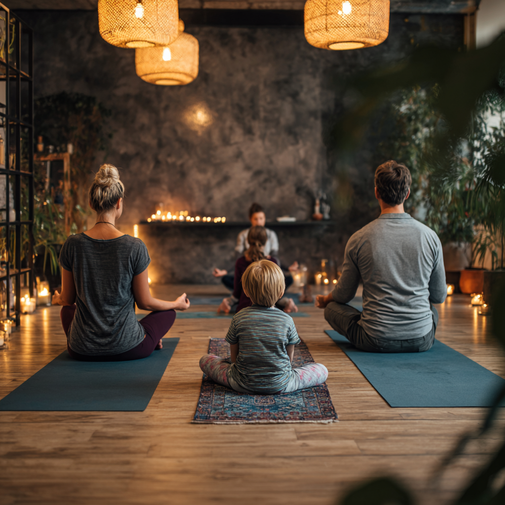 Родина практикує йогу разом у затишній атмосфері