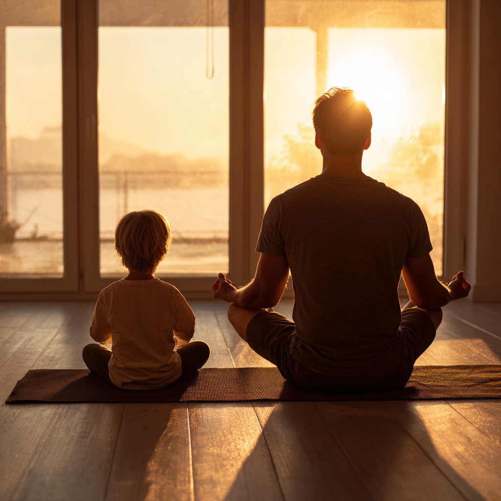 Сімейний ранковий ритуал йоги у світлій кімнаті